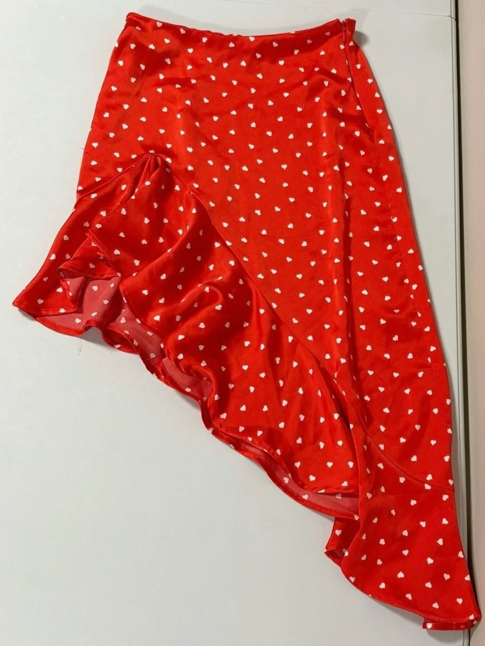 Red White Heart Hearts Satin Silk Ruffle Midi Skirt Bottoms Size S 🤍❤️✨ #skirt